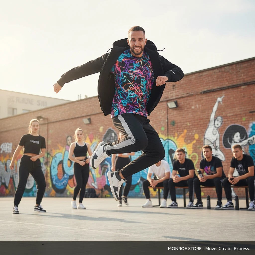 Bailarín saltando con camiseta estampada y sudadera negra en clase de Waacking de MONROE STORE al aire libre.