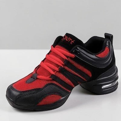MONROE STORE red and black mesh square dance sneakers with a split sole design for flexible movement.