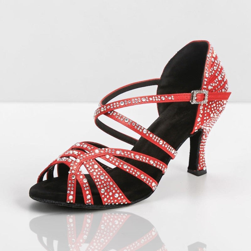 MONROE STORE red strappy ballroom dance heels featuring crystal embellishments and a secure ankle strap.