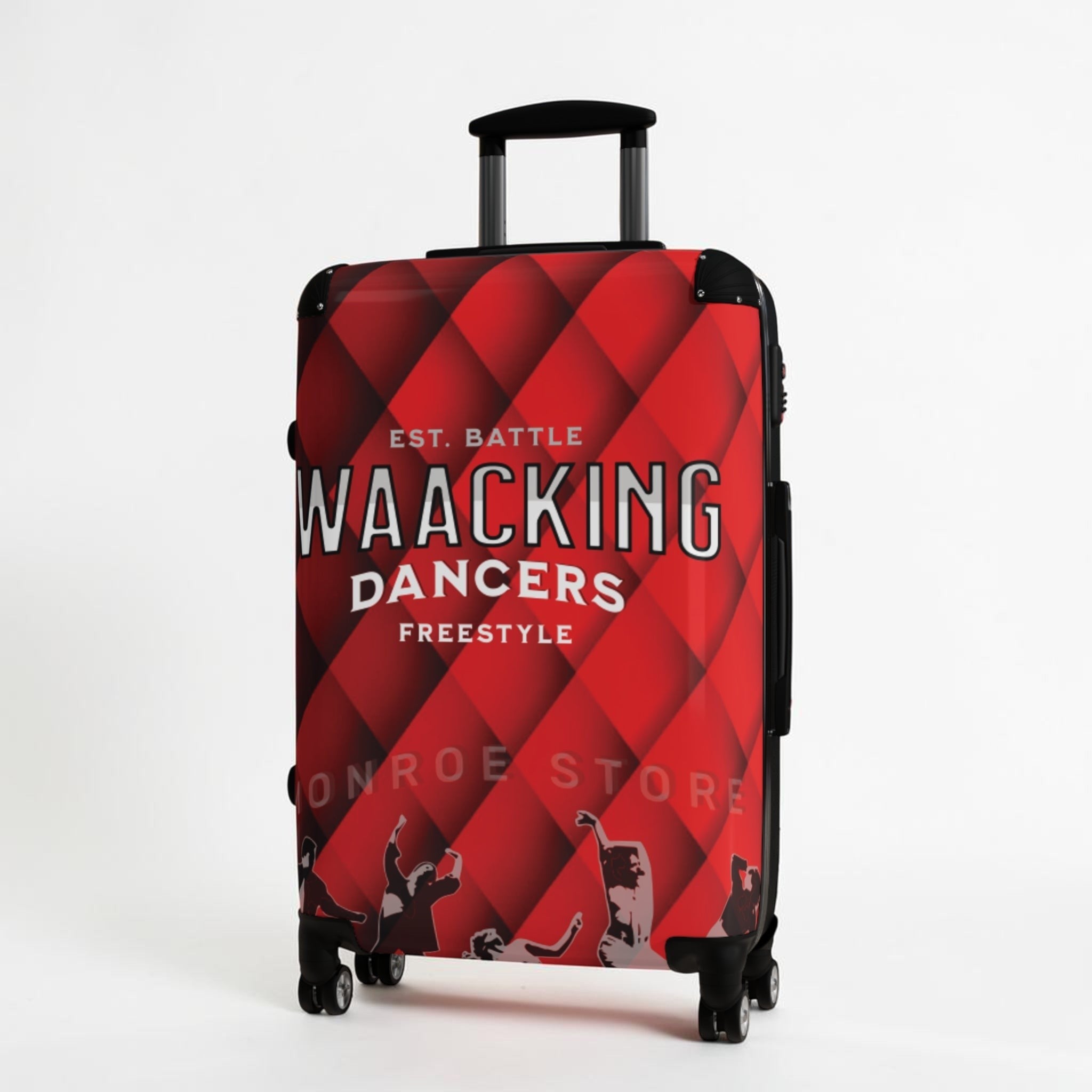 MONROE STORE red hard-shell suitcase with Waacking dancers print, telescopic handle, and 360° wheels.