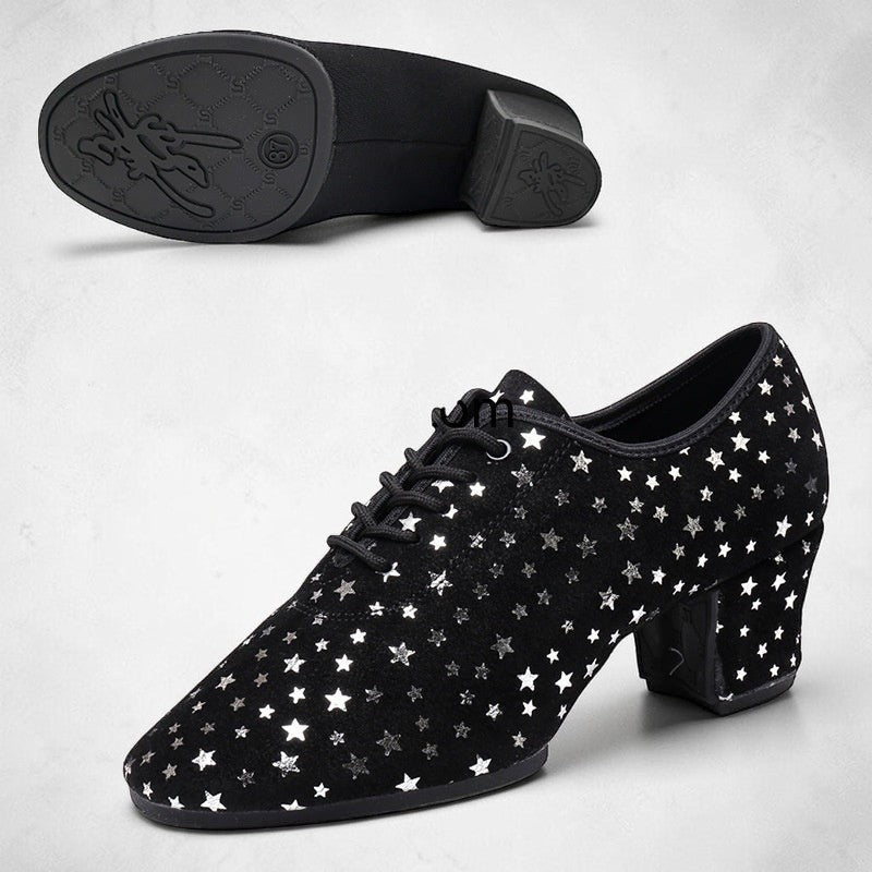 MONROE STORE black Latin dance shoes with silver starry sky pattern, lace-up closure, and soft leather sole