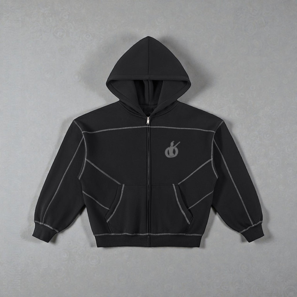 MONROE STORE sudadera con capucha negra de cremallera completa, con costuras de contraste y logo bordado en el pecho. Tejido grueso de mezcla de poliéster y algodón.
