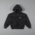 MONROE STORE sudadera con capucha negra de cremallera completa, con costuras de contraste y logo bordado en el pecho. Tejido grueso de mezcla de poliéster y algodón.