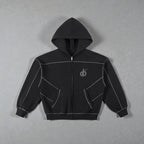 MONROE STORE sudadera con capucha negra de cremallera completa, con costuras de contraste y logo bordado en el pecho. Tejido grueso de mezcla de poliéster y algodón.