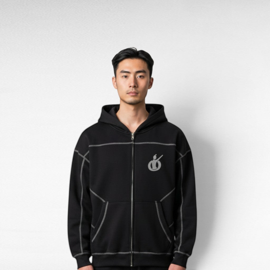 MONROE STORE sudadera con capucha negra de cremallera, de corte holgado, con costuras de contraste y logo bordado en el pecho.