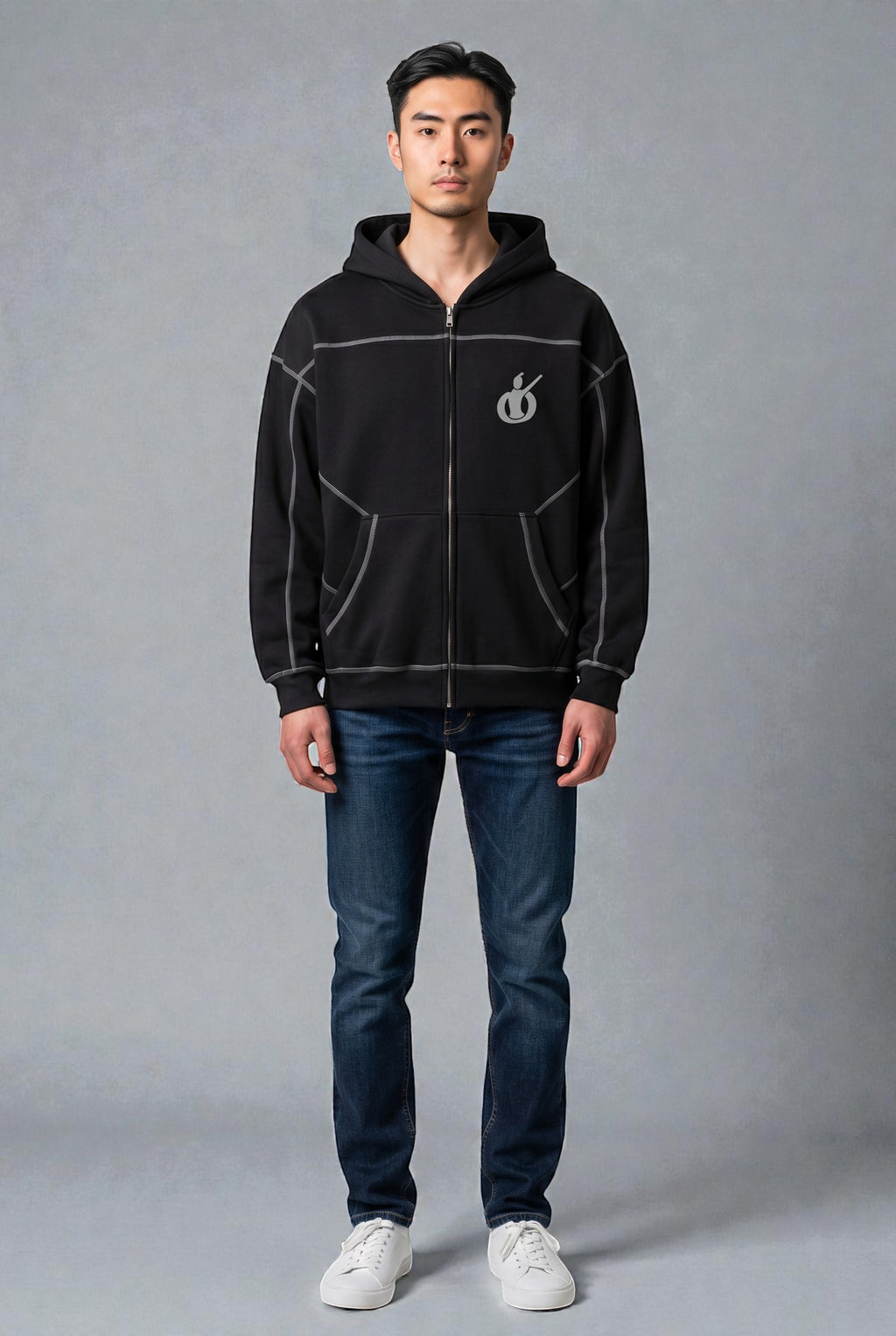 MONROE STORE Sudadera con cremallera negra de corte holgado con costuras de contraste y capucha, confeccionada en mezcla de poliéster y algodón.