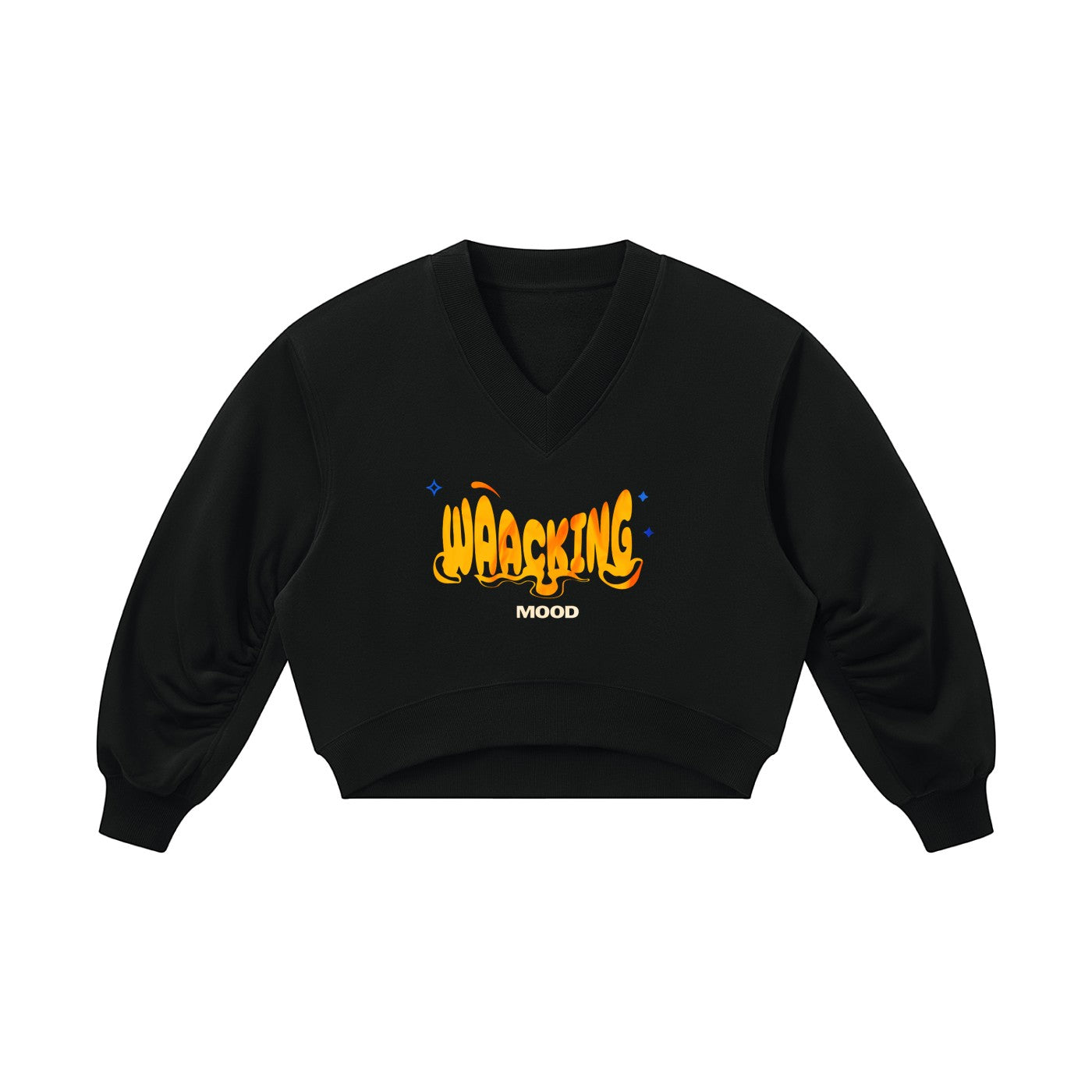 Sudadera corta negra con cuello en V de MONROE STORE, diseño de manga larga con hombros caídos y estampado gráfico.