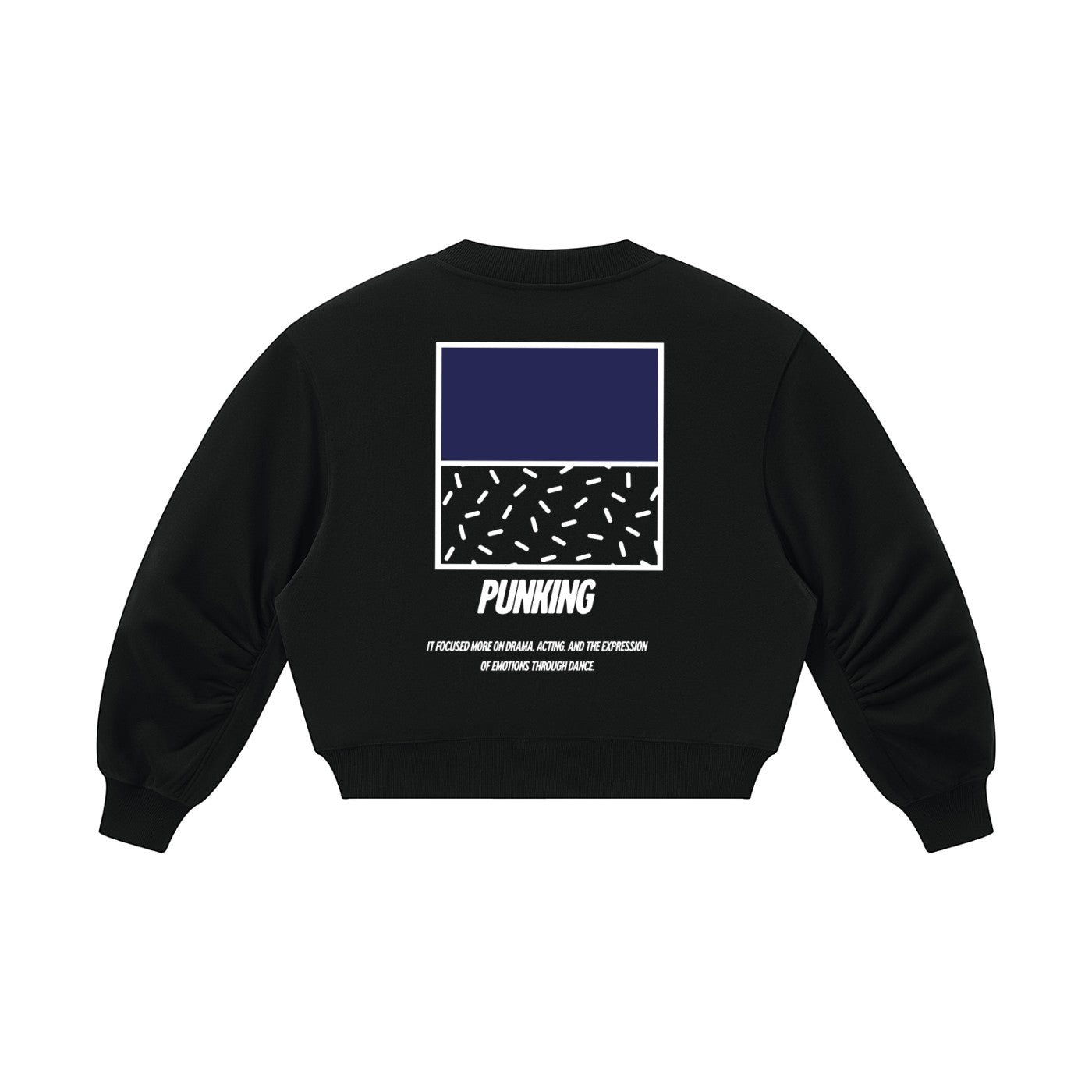 Sudadera corta negra MONROE STORE con cuello en V, manga larga y estampado gráfico artístico en la espalda.