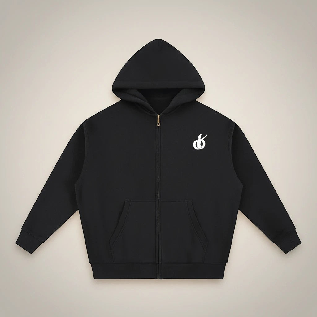 MONROE STORE sudadera negra con capucha y cremallera, manga larga, corte extragrande y bolsillo frontal.