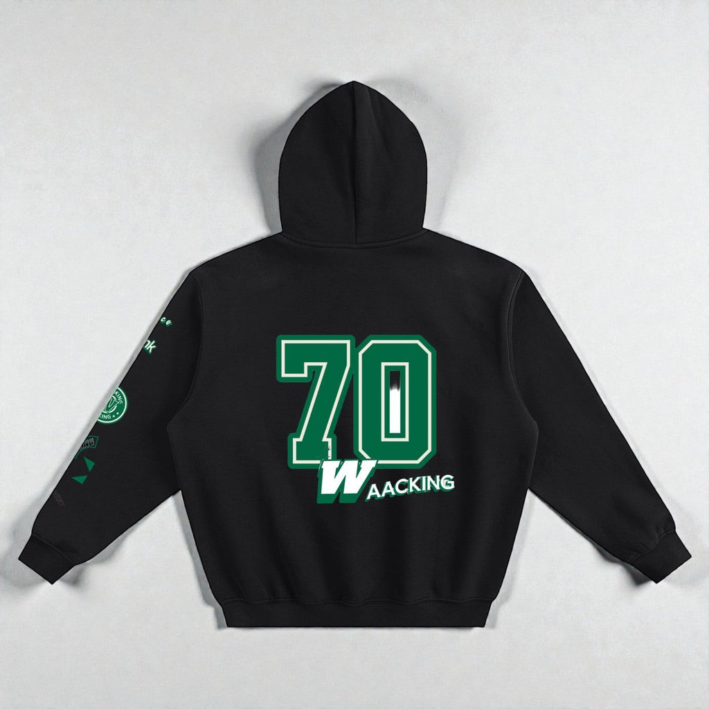 MONROE STORE sudadera con capucha negra unisex de mezcla de algodón y poliéster con número 70 y estampado "WAAKING" en la espalda.