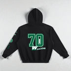 MONROE STORE sudadera con capucha negra unisex de mezcla de algodón y poliéster con número 70 y estampado "WAAKING" en la espalda.