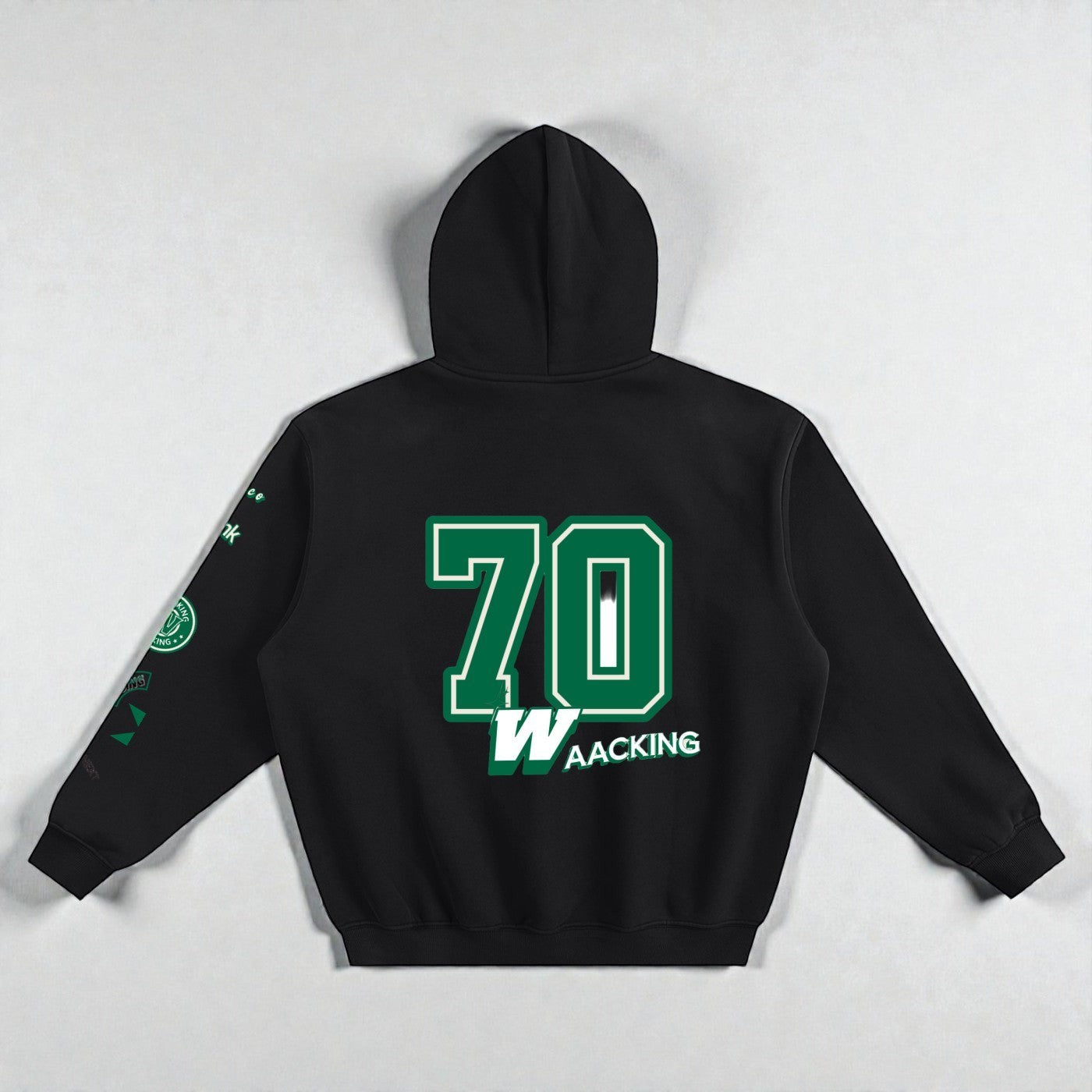 MONROE STORE sudadera con capucha negra unisex de mezcla de algodón y poliéster con número 70 y estampado "WAAKING" en la espalda.