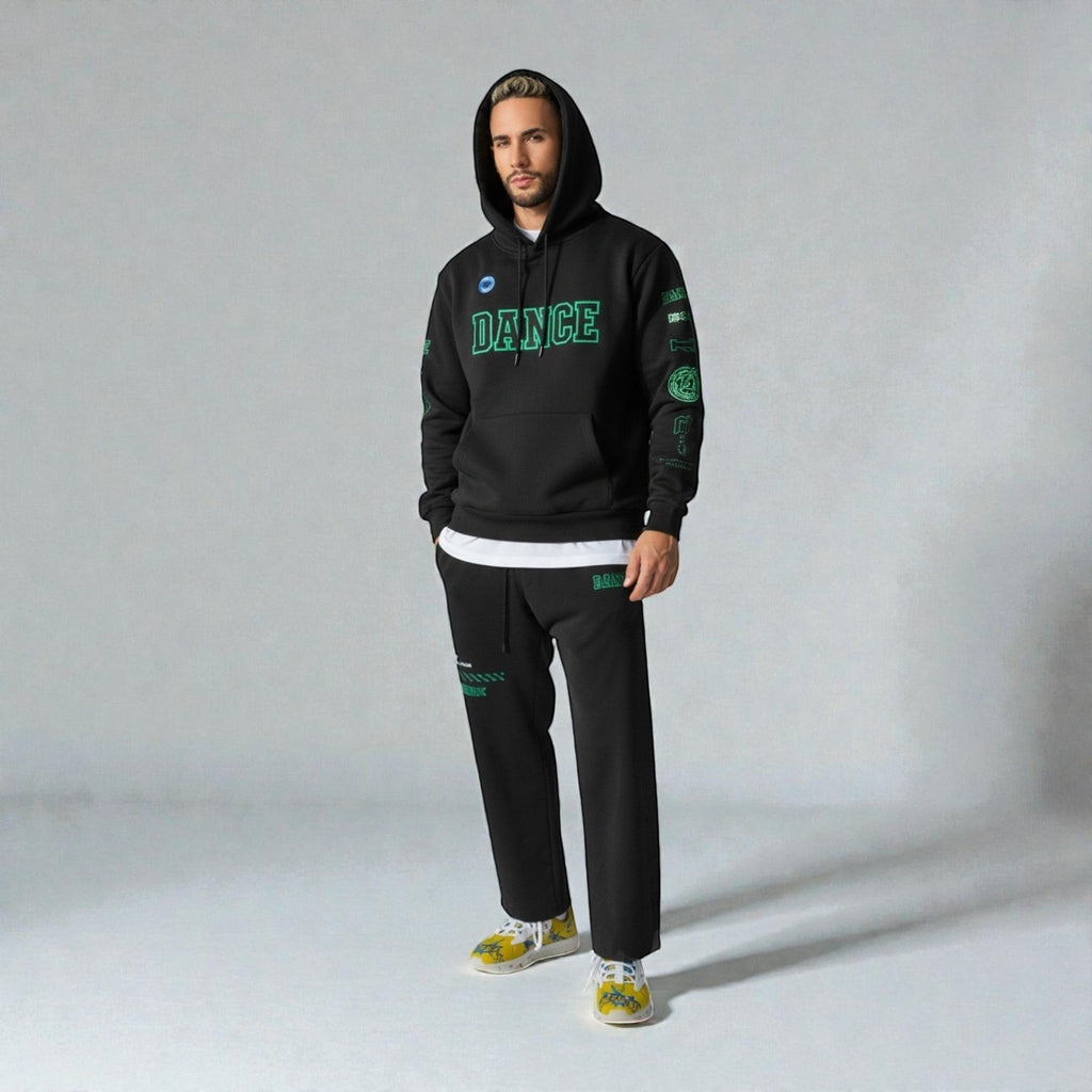 MONROE STORE sudadera con capucha negra de corte holgado con estampado verde "DANCE" en el pecho y detalles en las mangas.