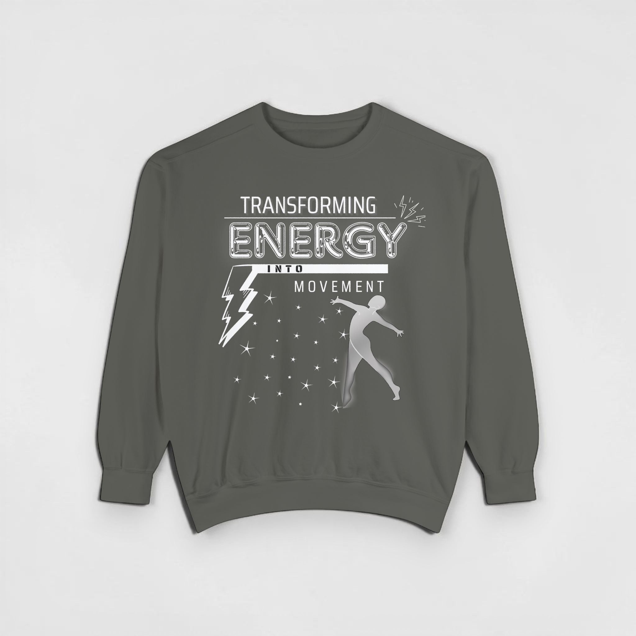 Sudadera gris MONROE STORE con estampado Transforming Energy Into Movement, estilo unisex y diseño motivacional.