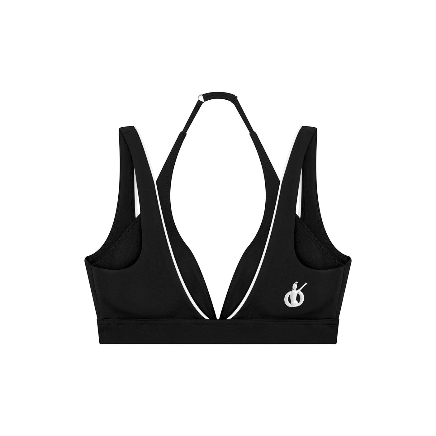 Sujetador deportivo negro con cuello halter de MONROE STORE, diseño elástico y transpirable para yoga y fitness.