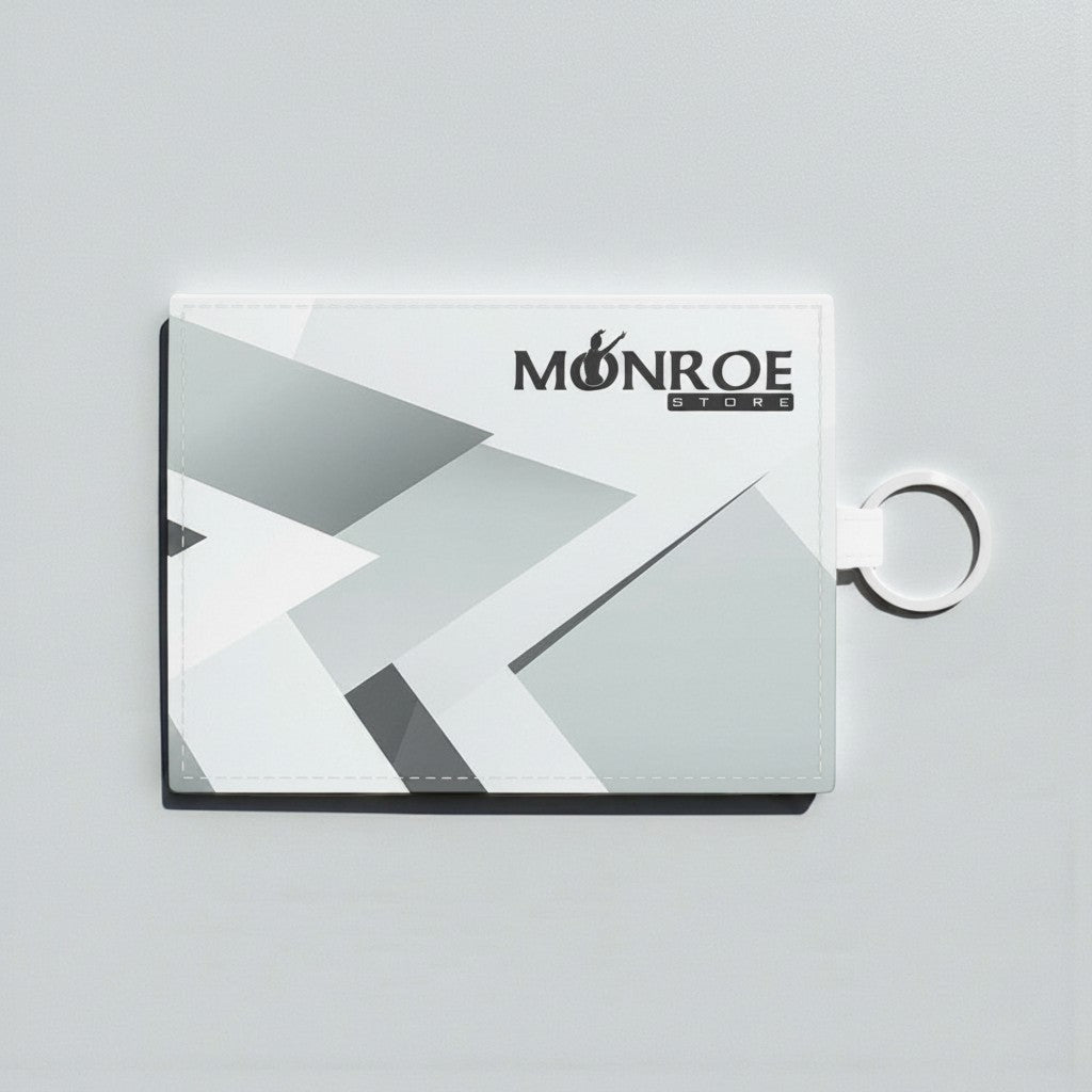 Tarjetero MONROE STORE blanco y gris con anilla, diseño geométrico abstracto, piel sintética.