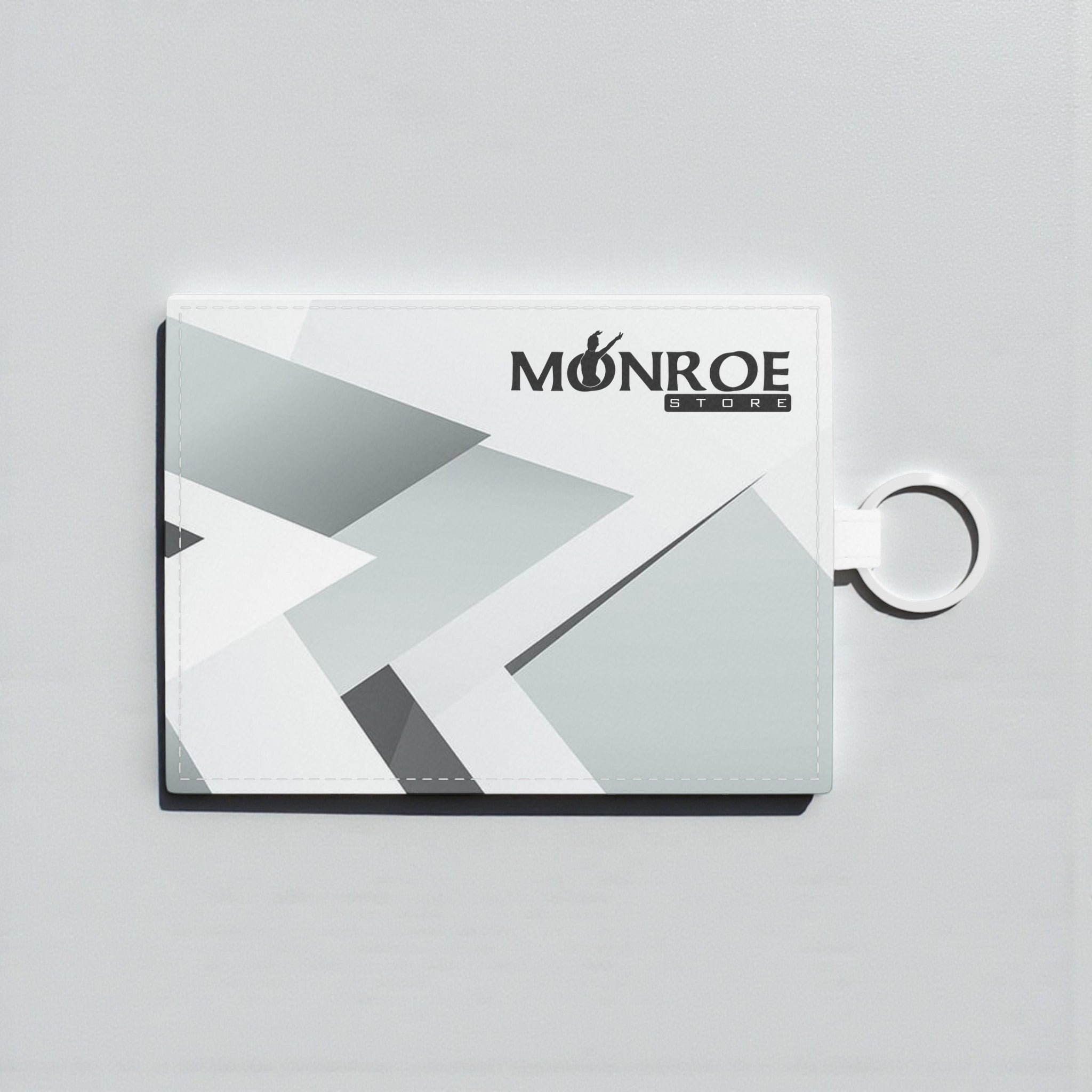 Tarjetero Monroe Store blanco y gris con diseño geométrico y anilla. Piel sintética.