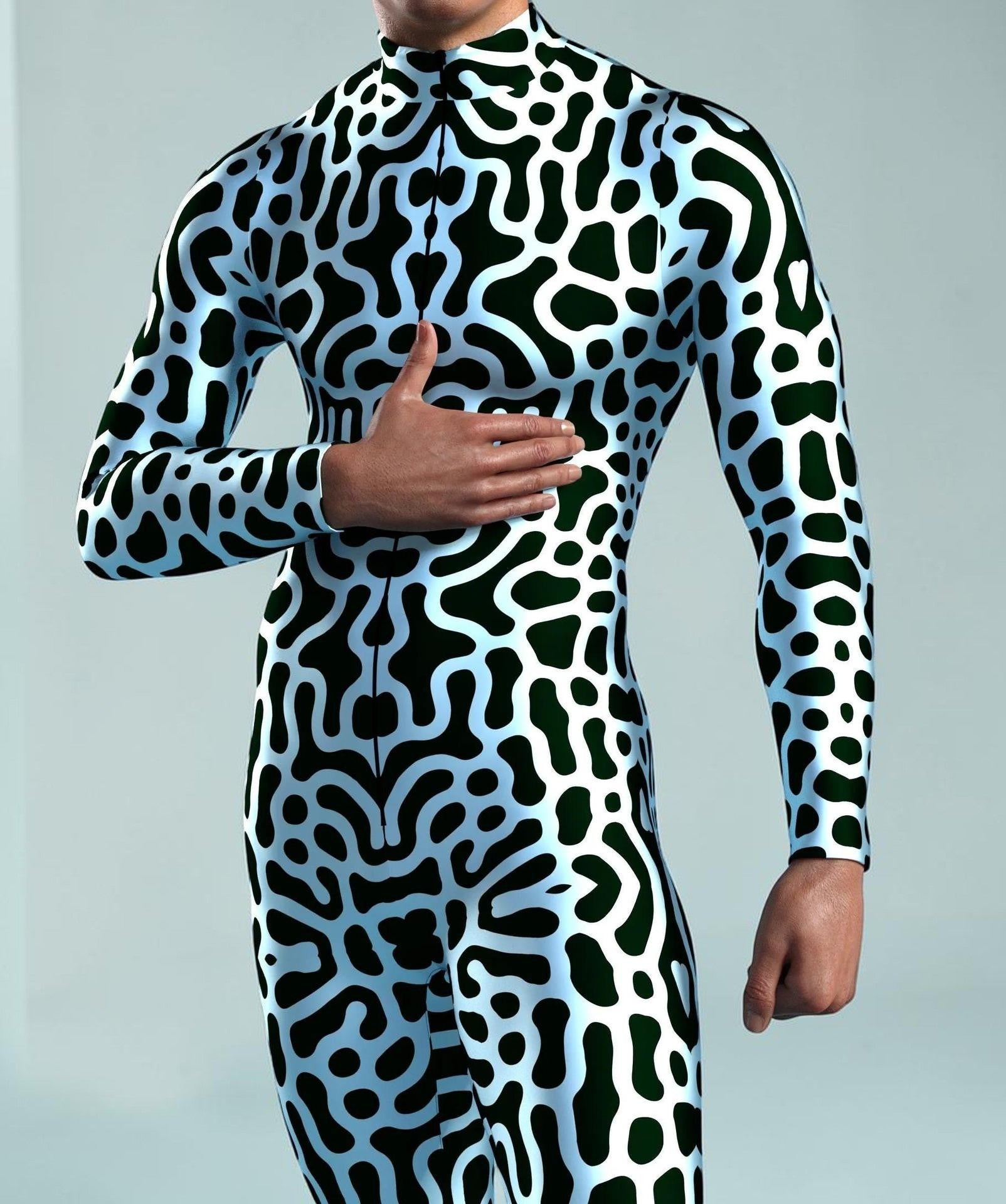 Traje de cuerpo completo MONROE STORE con estampado digital 3D en blanco y negro, estilo cosplay de spandex elástico.