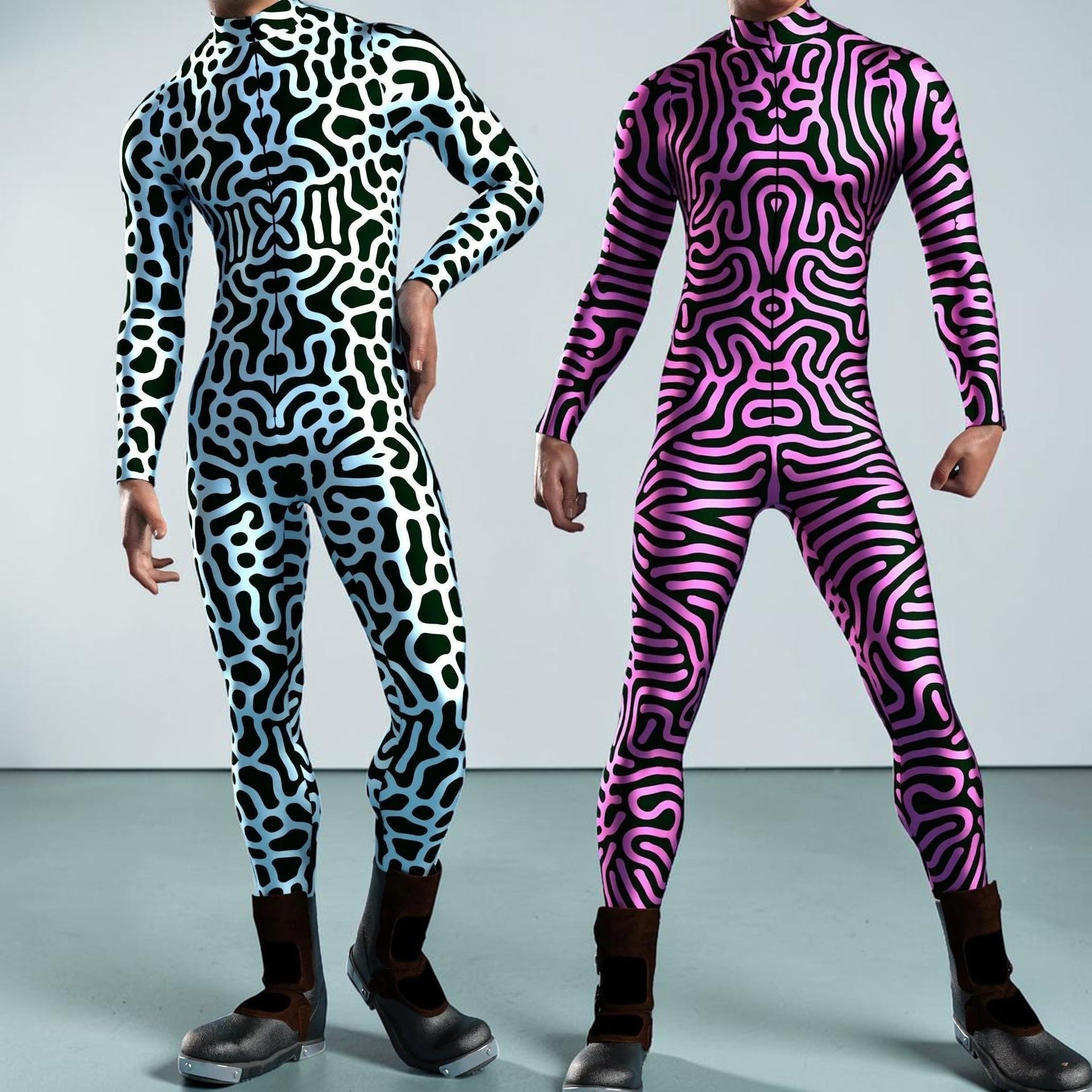 Dos modelos en MONROE STORE visten trajes de cuerpo completo con estampado 3D geométrico en azul y rosa de spandex.