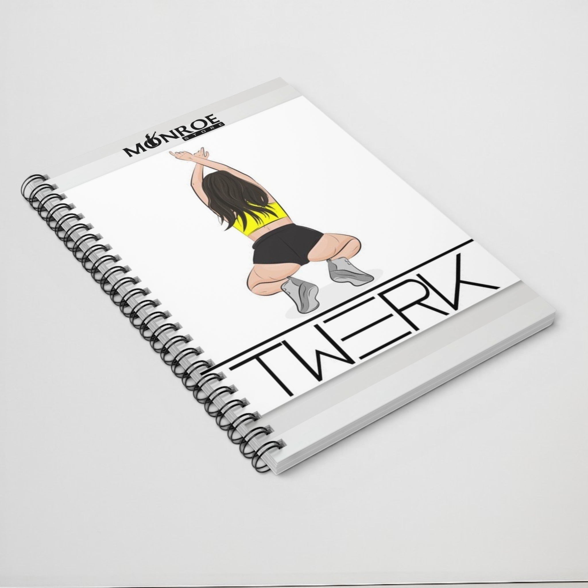 MONROE STORE Twerk Spiral Notebook, ruled lines, 118 pages, 6" x 8", with graphic of dancer in yellow top and black shorts.
