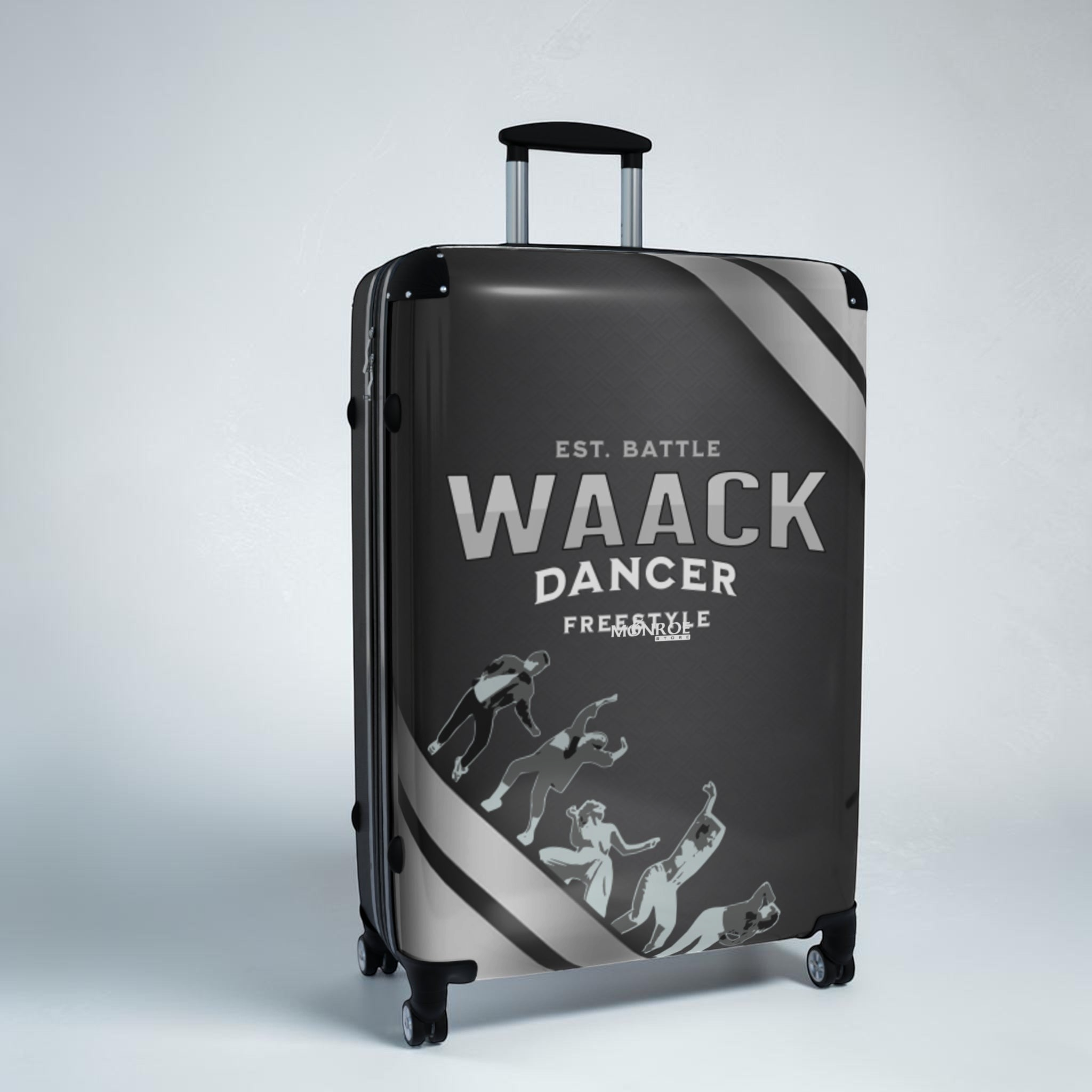 Maleta de viaje negra con diseño de gatos en tonos grises y blancos, con mango telescópico y ruedas, para bailarines y viajeros modernos.