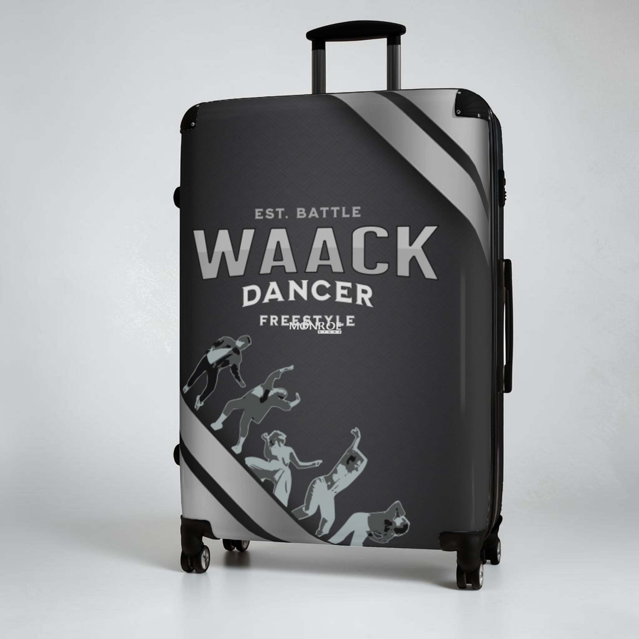 Maleta de viaje negra con diseño de gatos en tonos grises y blancos, con mango extensible y ruedas, ideal para bailar y viajar con estilo.