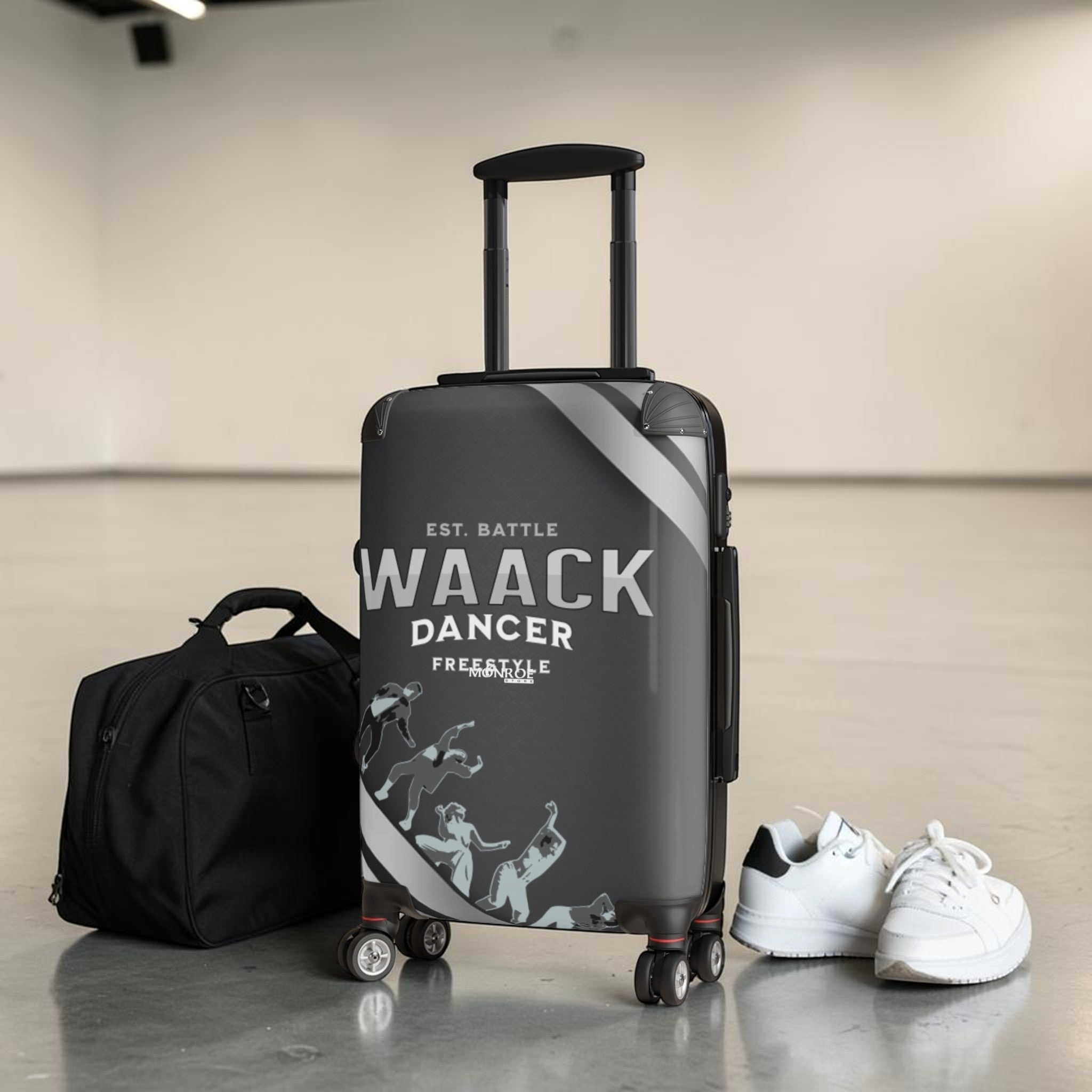 Maleta de viaje negra con ruedas y mango ajustable, diseño duradero y compacto, perfecta para bailarines y viajeros activos.