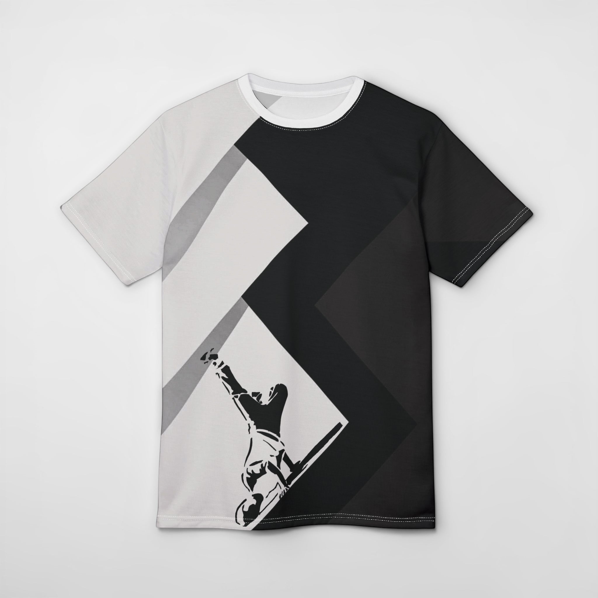 MONROE STORE Waacking Queen Cut & Sew Tee, black and white geometric print with a dancer silhouette, 100% polyester.