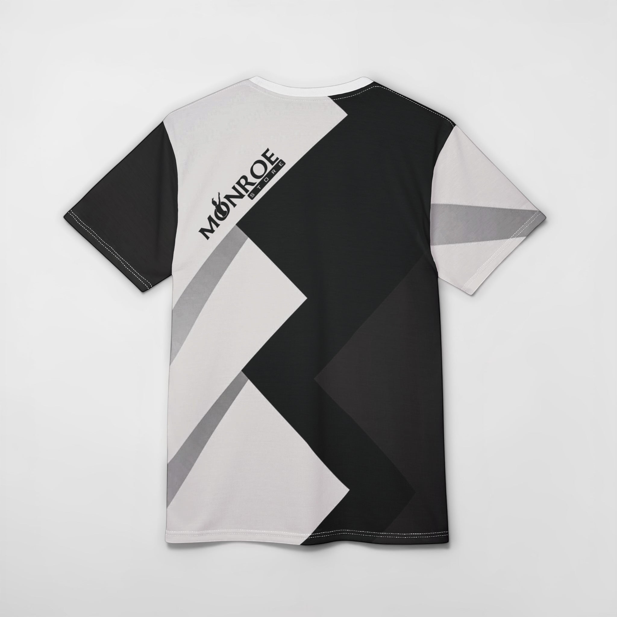 MONROE STORE Waacking Queen Cut & Sew Tee, black, white, and grey geometric pattern, 100% polyester, short sleeves, crew neck, dance apparel.