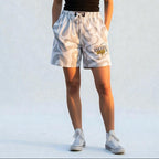 MONROE STORE white athletic shorts with grey abstract pattern, elastic waistband, and drawstring. Men's casual wear.