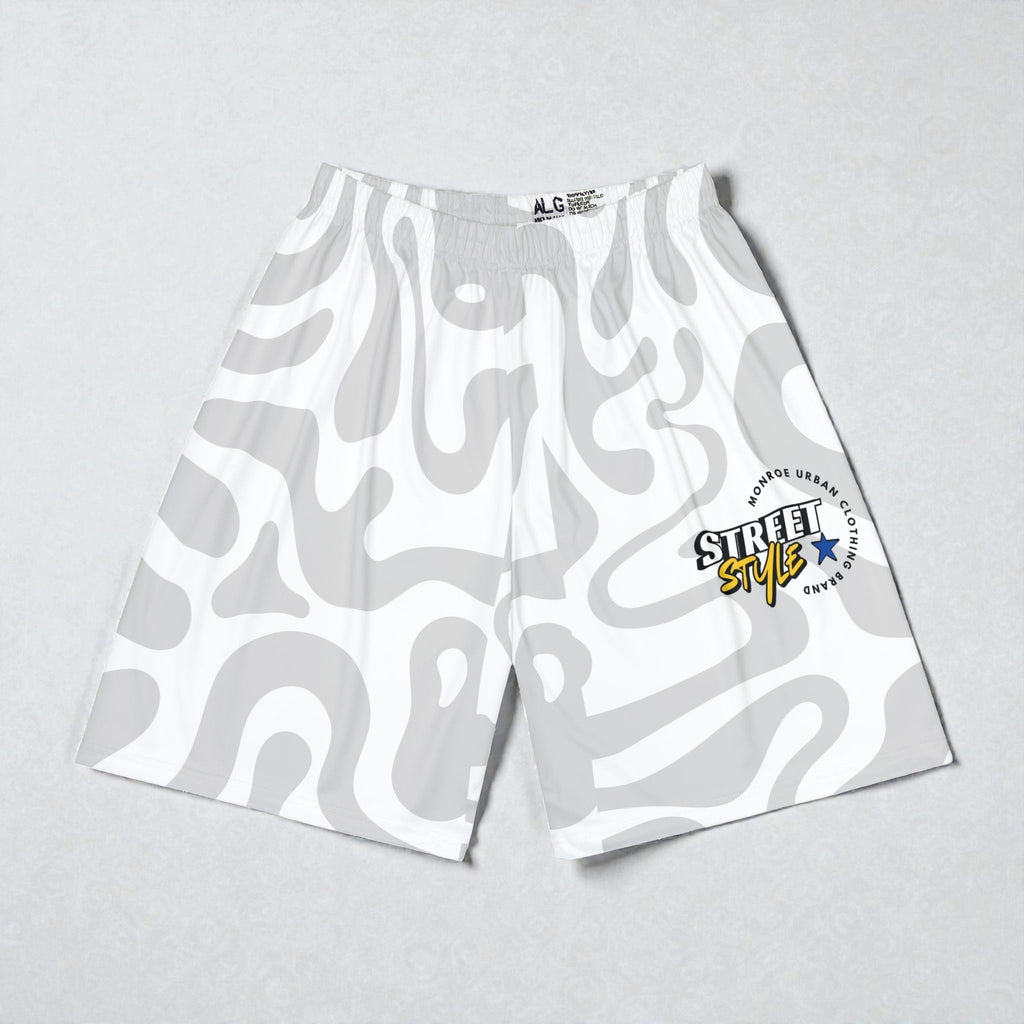 MONROE STORE white athletic shorts with abstract grey pattern, elastic waistband and drawstrings, no pockets.