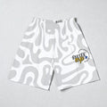 MONROE STORE white athletic shorts with abstract grey pattern, elastic waistband and drawstrings, no pockets.