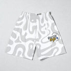 MONROE STORE white athletic shorts with abstract grey pattern, elastic waistband and drawstrings, no pockets.