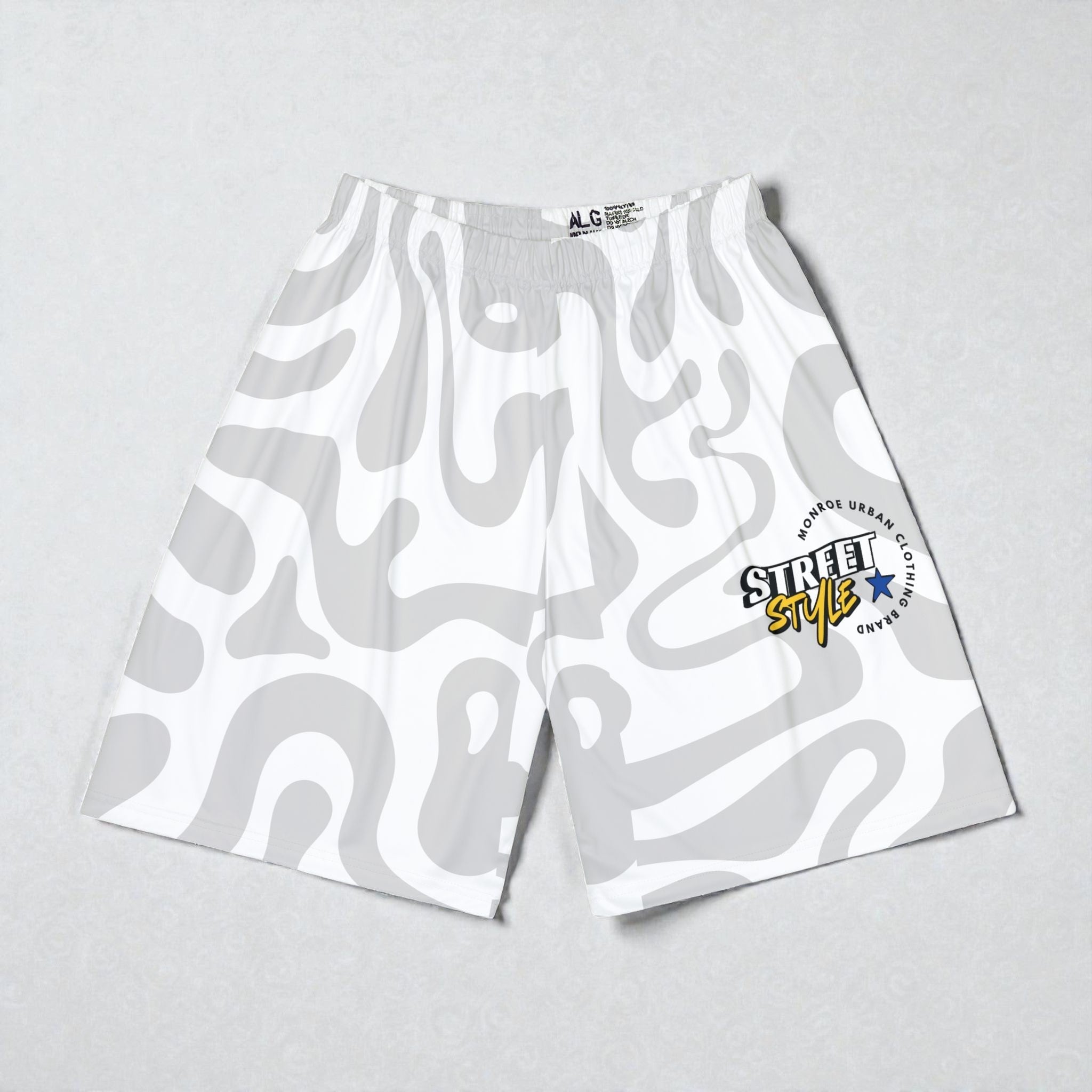 MONROE STORE white athletic shorts with abstract grey pattern, elastic waistband and drawstrings, no pockets.