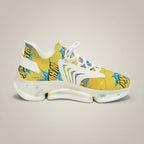 MONROE STORE men's yellow mesh sneakers with comic-inspired 'WHAM!' graphic print and white accents.