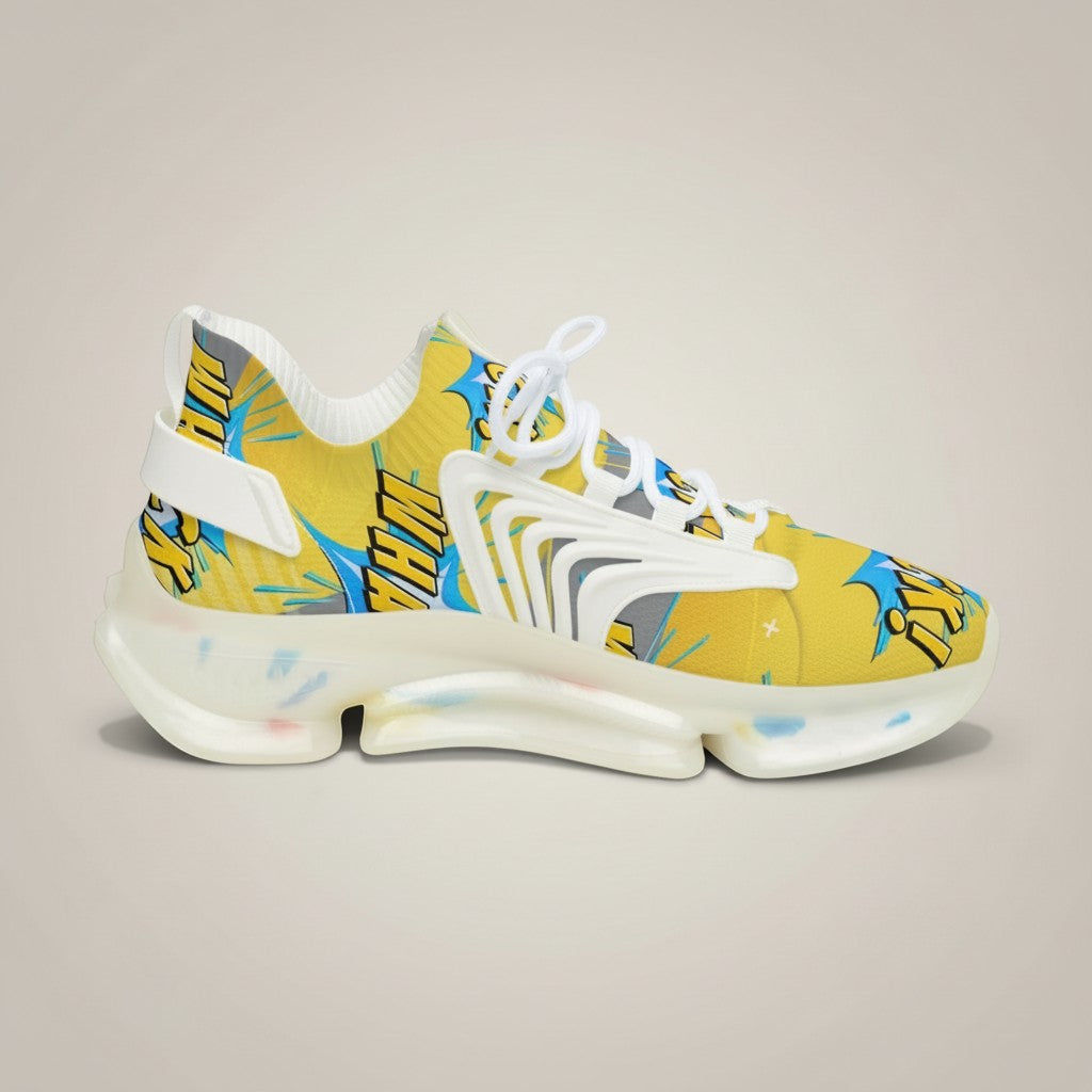 MONROE STORE men's yellow mesh sneakers with comic-inspired 'WHAM!' graphic print and white accents.