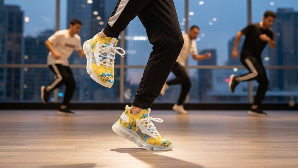 MONROE STORE yellow mesh sneakers with comic book 'WHACK!' graphic print and white laces. Athletic style.