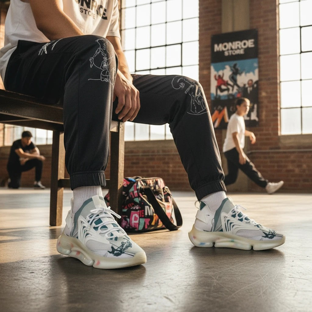 MONROE STORE zapatillas deportivas blancas y grises con estampado gráfico, suela gruesa y cordones blancos.