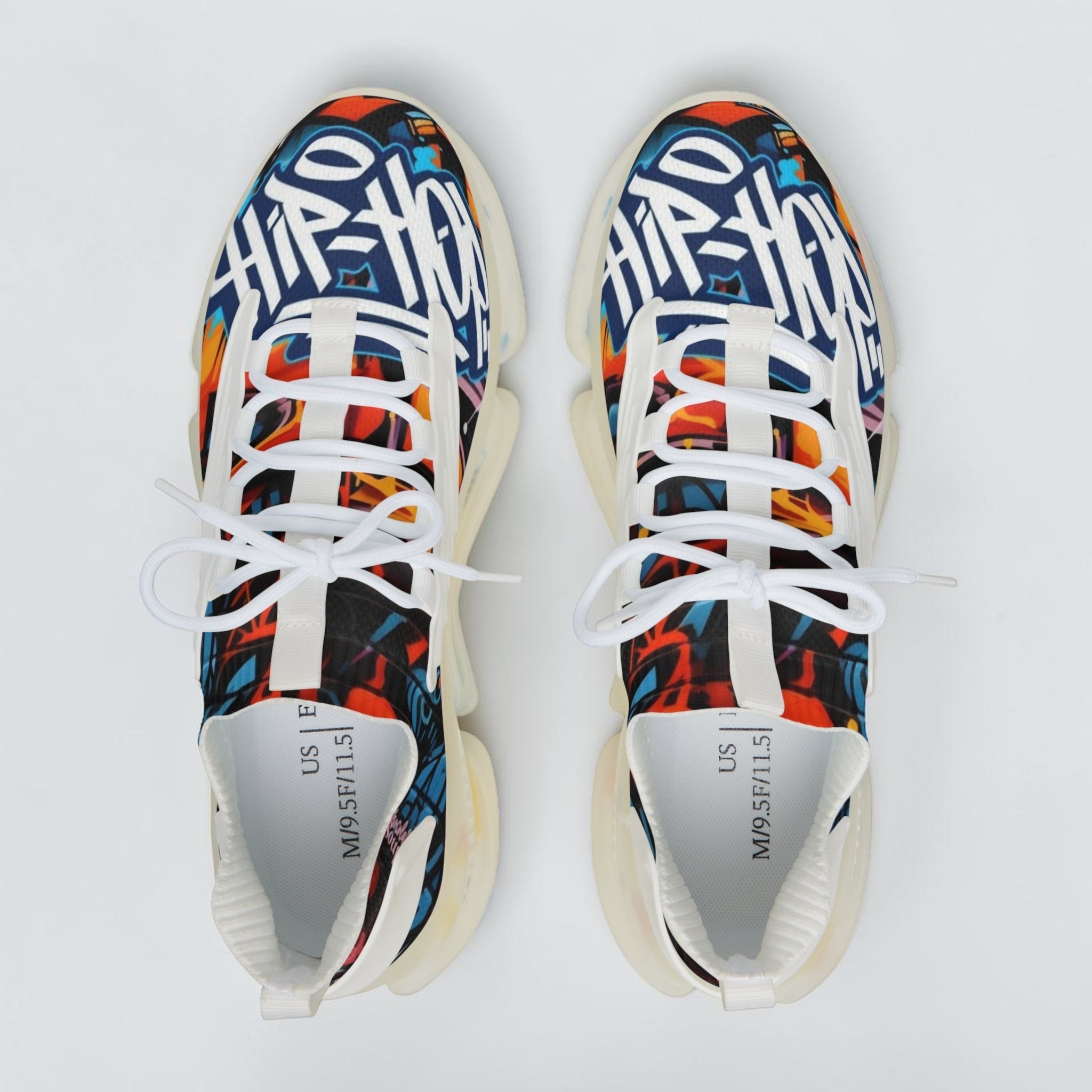 MONROE STORE zapatillas deportivas de malla para hombre con estampado de grafiti hip hop en blanco, naranja y azul.