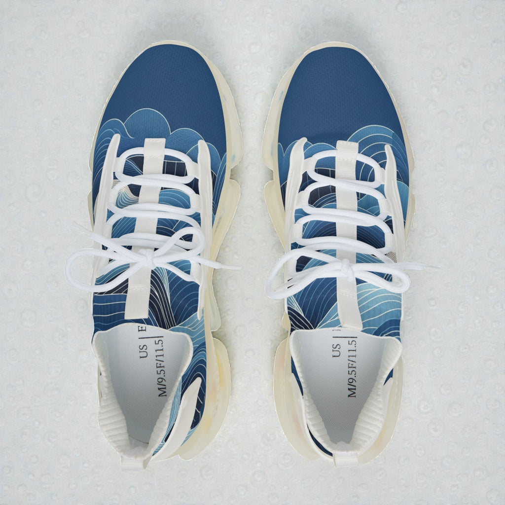 MONROE STORE zapatillas deportivas de malla para hombre con estampado de olas azules y blancas, suela de EVA y cordones blancos.