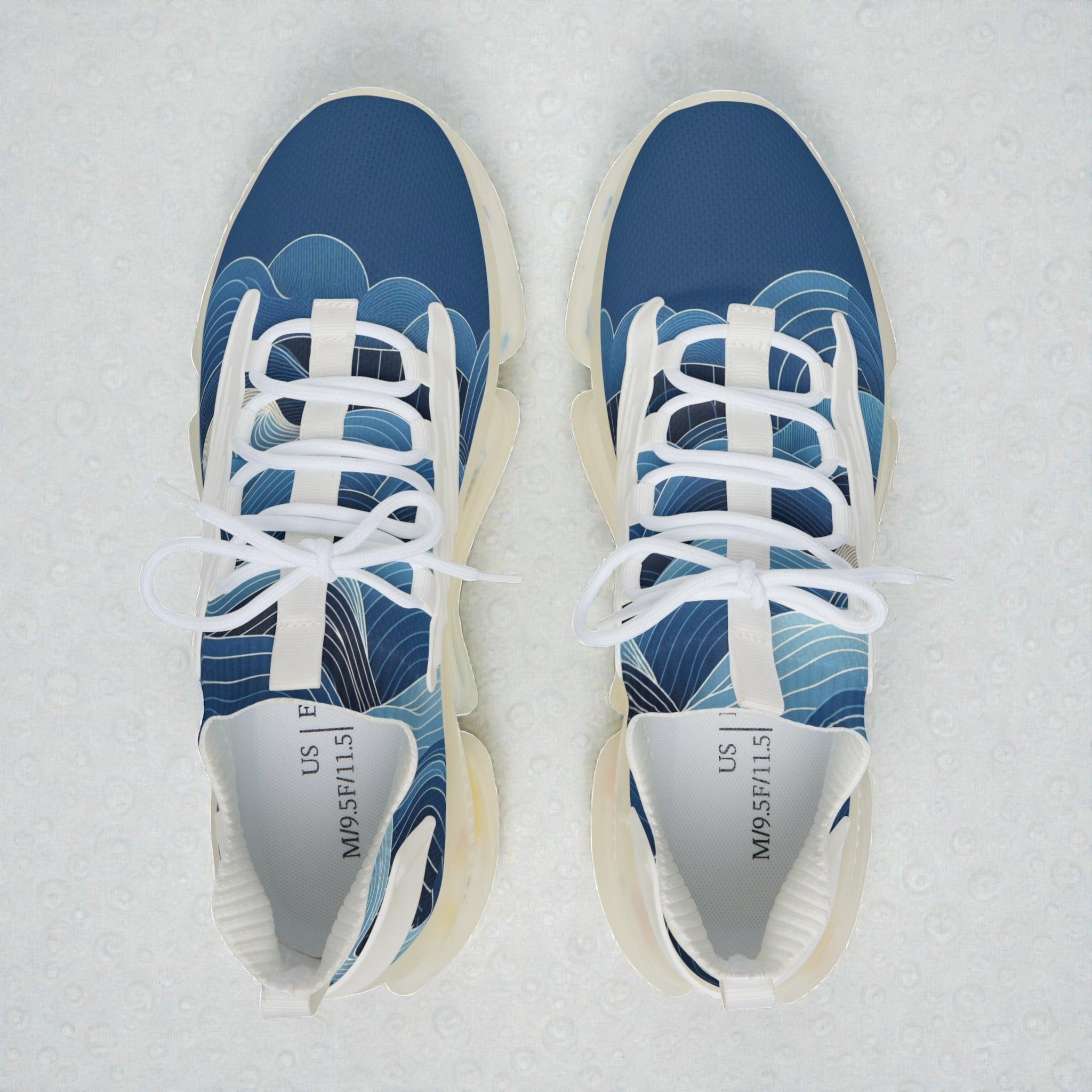 MONROE STORE zapatillas deportivas de malla para hombre con estampado de olas azules y blancas, suela de EVA y cordones blancos.