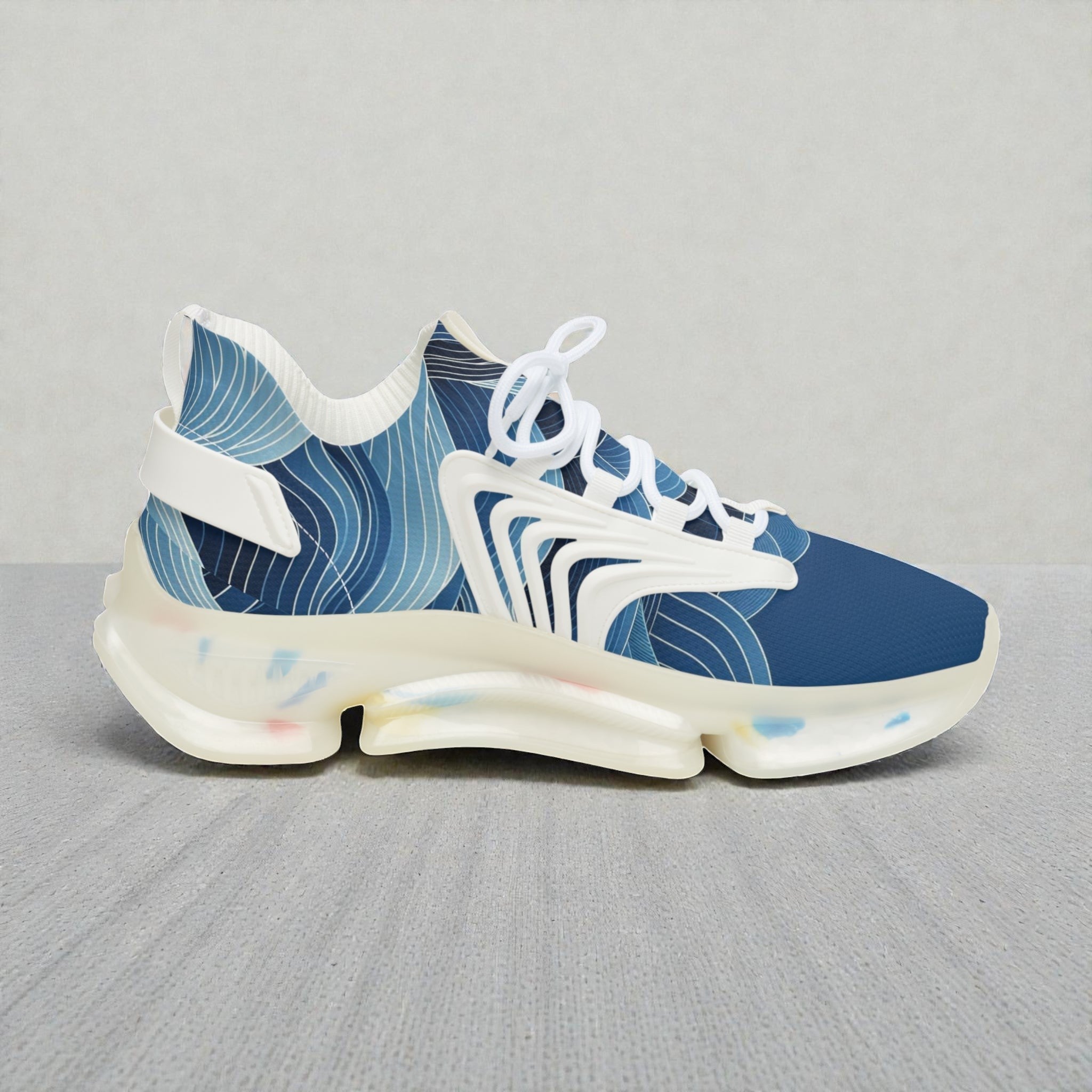 MONROE STORE zapatillas deportivas de malla azul para hombre con estampado de olas, suela blanca y cordones blancos.