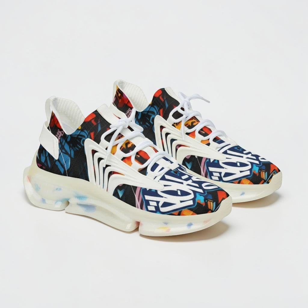 Zapatillas deportivas MONROE STORE de malla para hombre con estampado artístico multicolor y suela blanca gruesa.