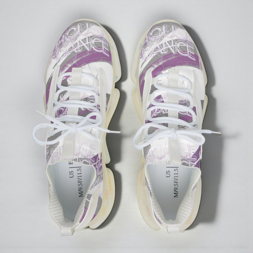 Zapatillas deportivas MONROE STORE blancas y moradas con estampado "House Dance", malla transpirable y suela de goma.