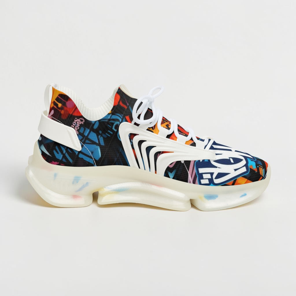 Zapatillas deportivas de malla MONROE STORE con estampado de grafiti multicolor y suela gruesa blanca.