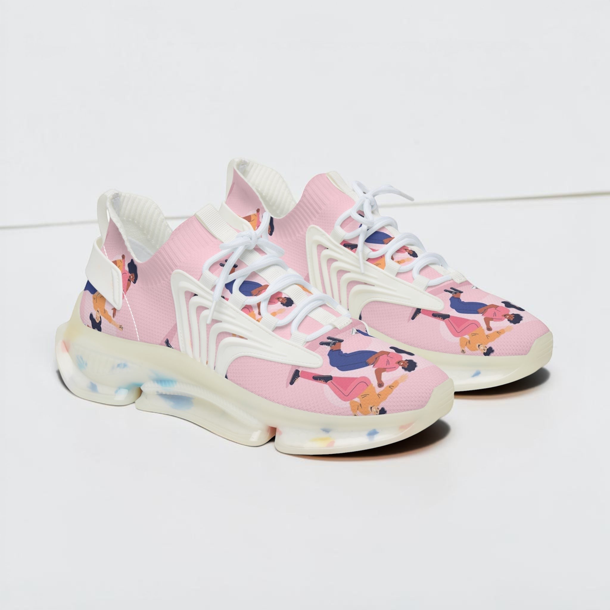 Zapatillas de malla MONROE STORE rosas con estampado artístico, suela EVA ligera y detalles KPU para mujer.