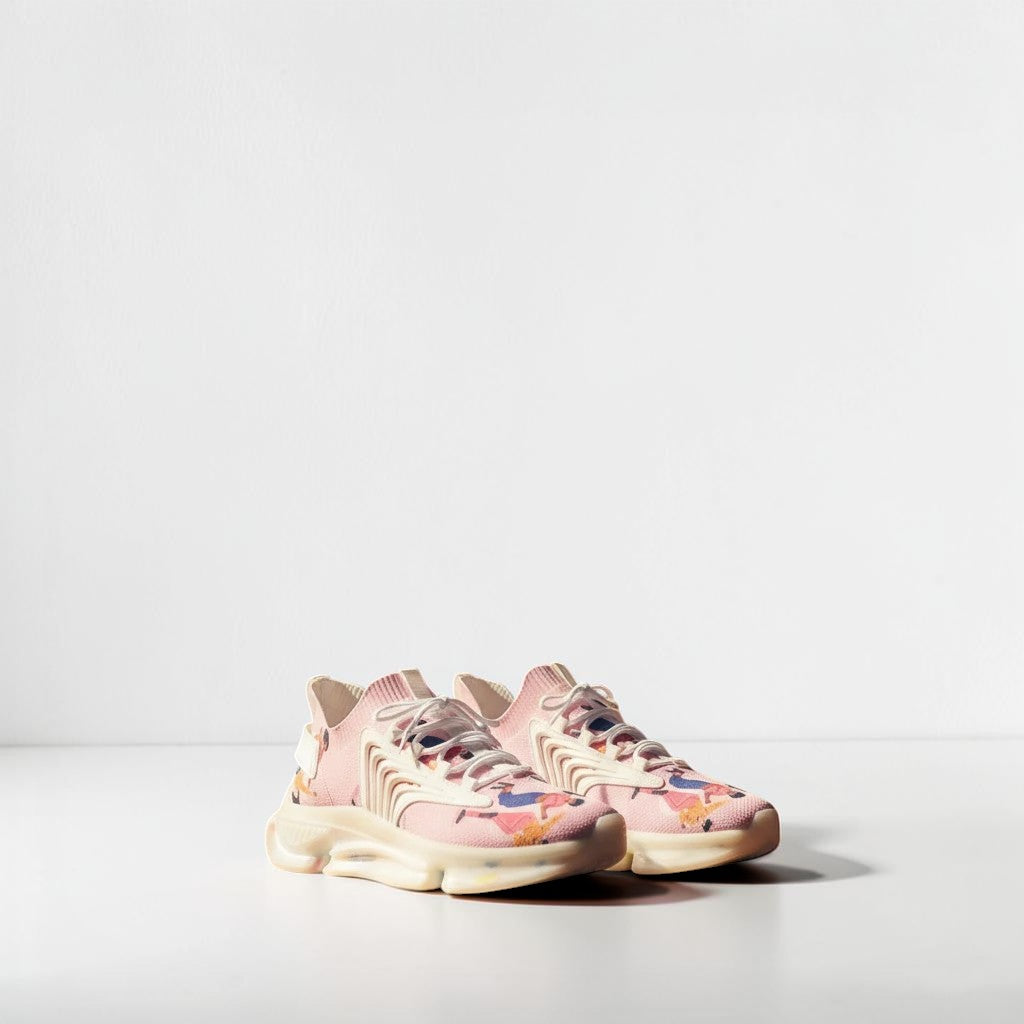 Zapatillas de malla MONROE STORE con estampado colorido, suela EVA y diseño artístico en un estudio de baile.