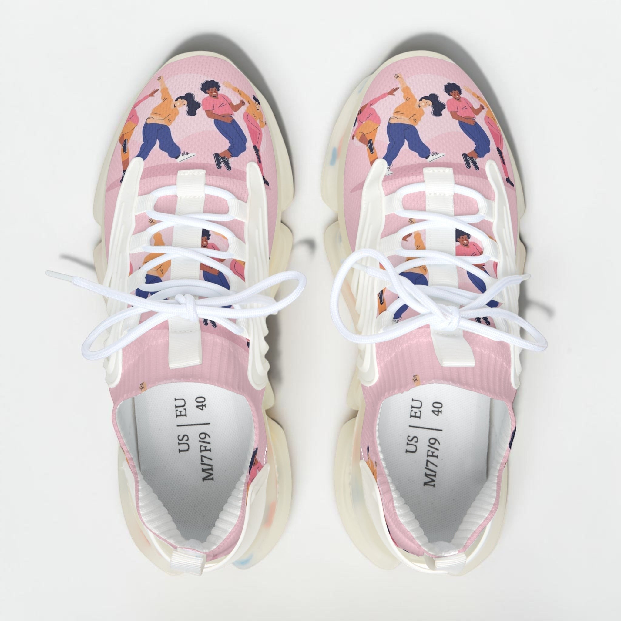 Zapatillas de mujer MONROE STORE con estampado de baile, malla rosa, suela EVA ligera y cordones blancos.