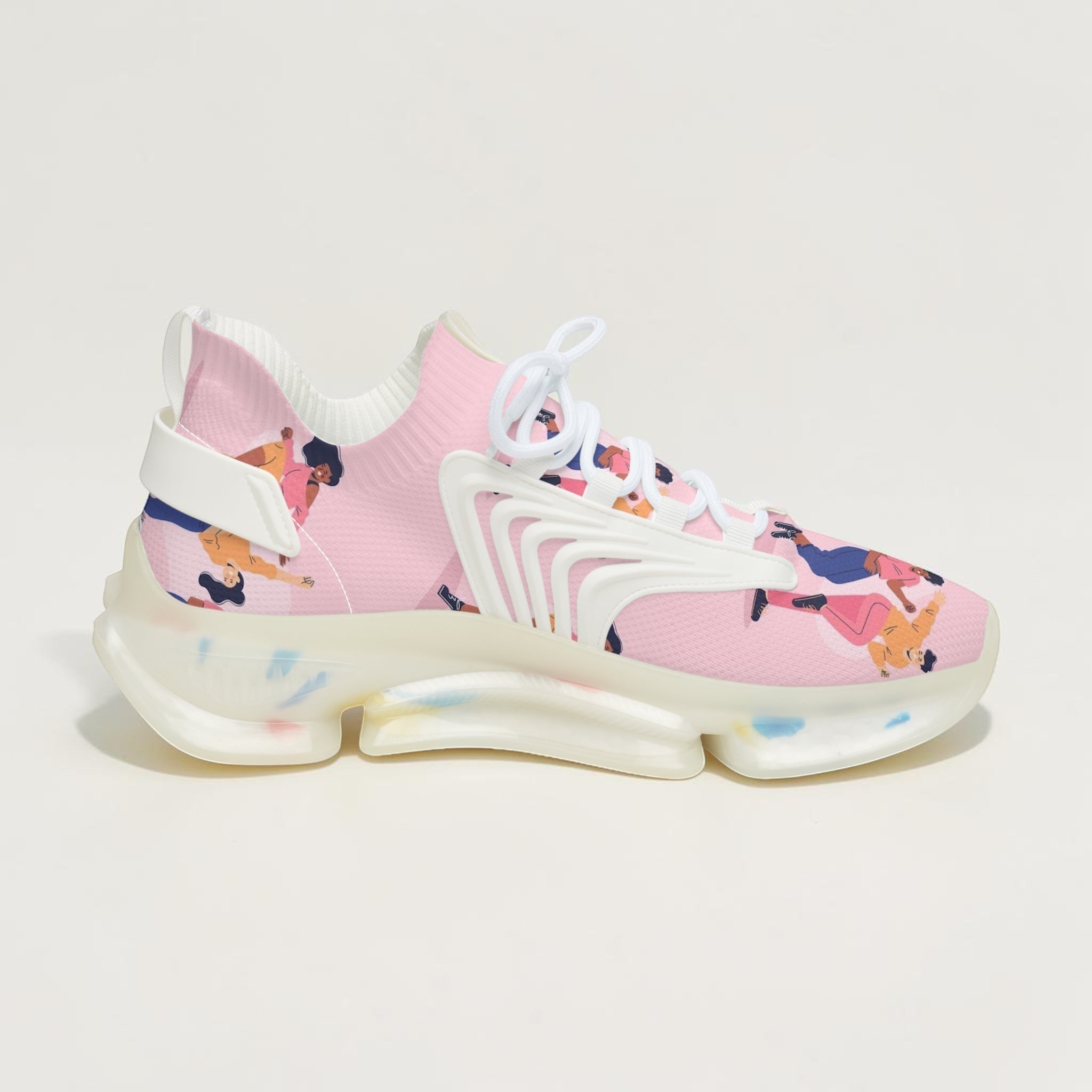 Zapatillas de mujer MONROE STORE de malla rosa con estampado artístico, suela EVA flexible y cordones blancos.