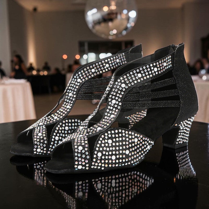 Zapatos de baile MONROE STORE para mujer en negro con incrustaciones de diamantes, suela de ante y tacón cómodo.